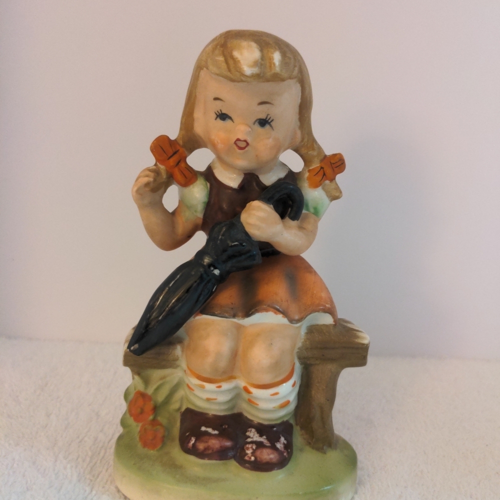 Charming Ceramic Girl Figurine with Umbrella